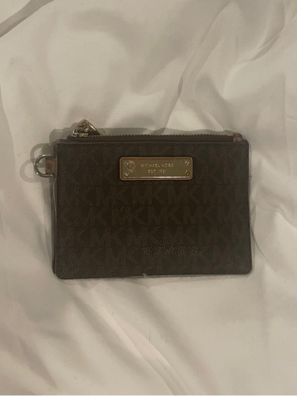 Michael Kors Brown Monogram Zip Card Pouch with Gold Plaque Wallet